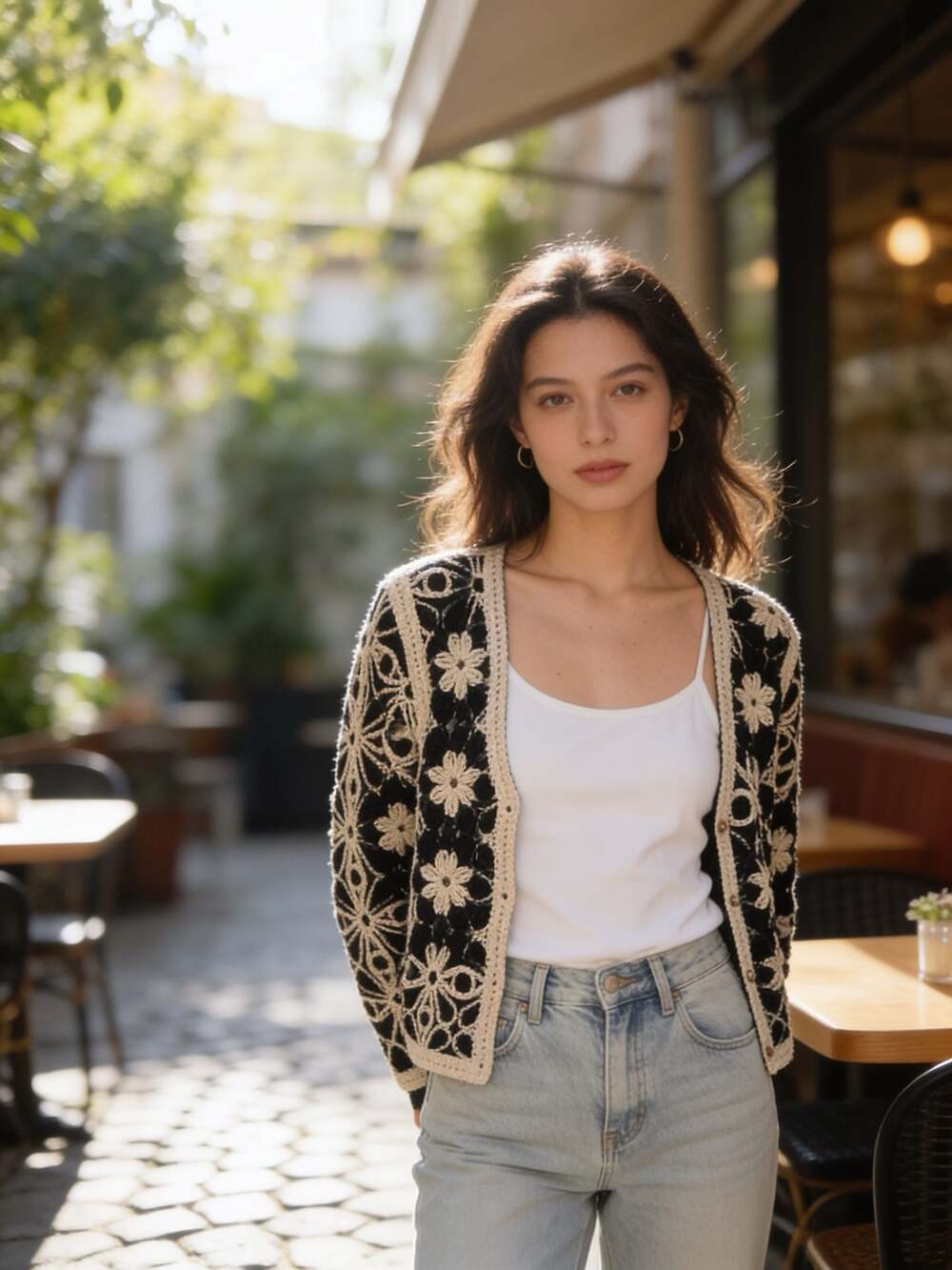 Solitaire Black and Cream Floral Crochet Cardigan Small